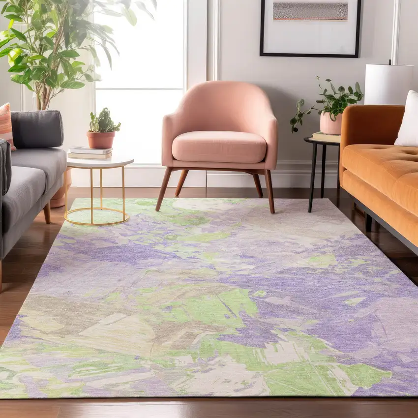 Lavender Green And Beige Abstract Washable Area Rug With UV Protection Photo 5
