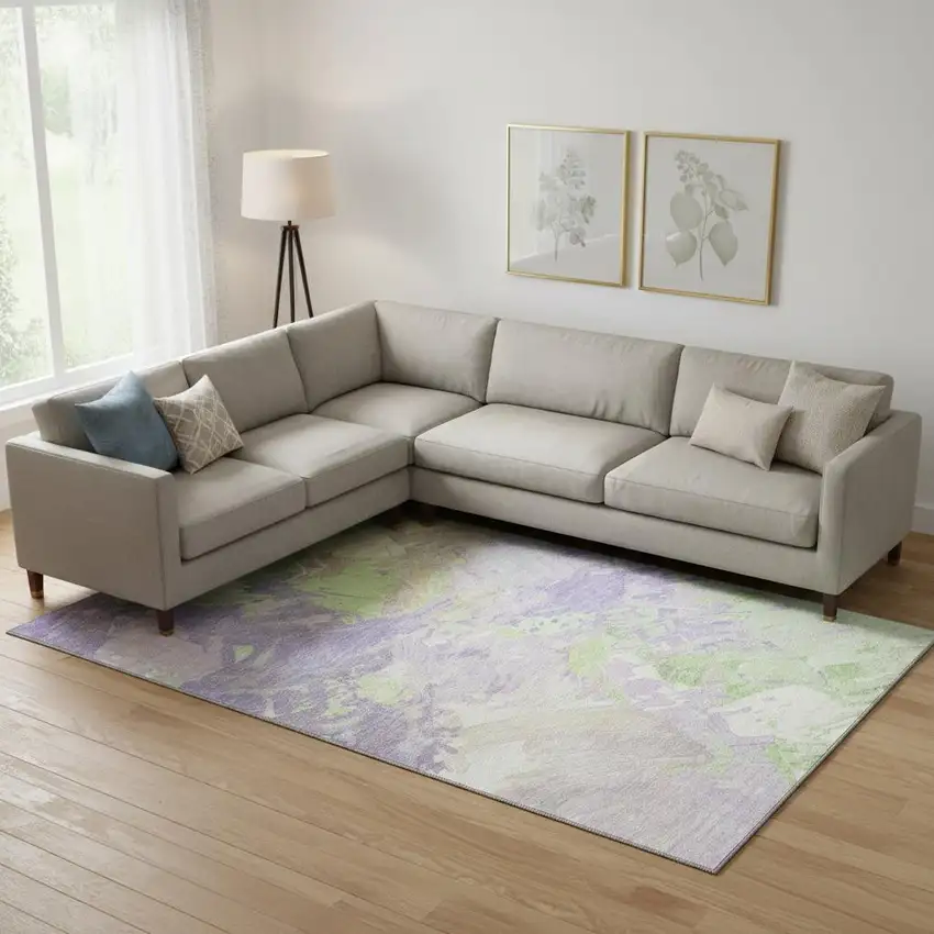 Lavender Green And Beige Abstract Washable Area Rug With UV Protection Photo 2