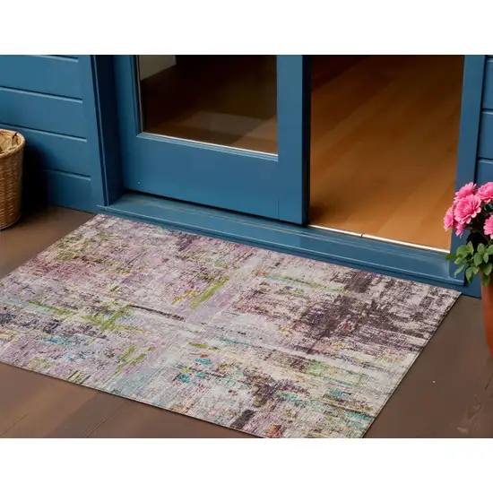 Lavender Green And Blue Abstract Washable Indoor Outdoor Area Rug Photo 1