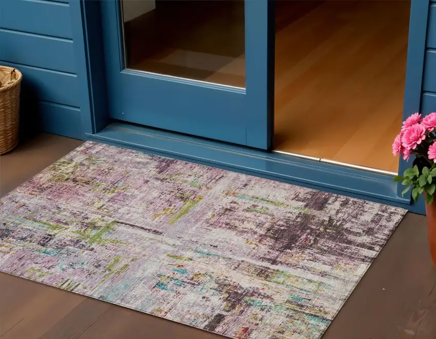 Lavender Green And Blue Abstract Washable Indoor Outdoor Area Rug Photo 1