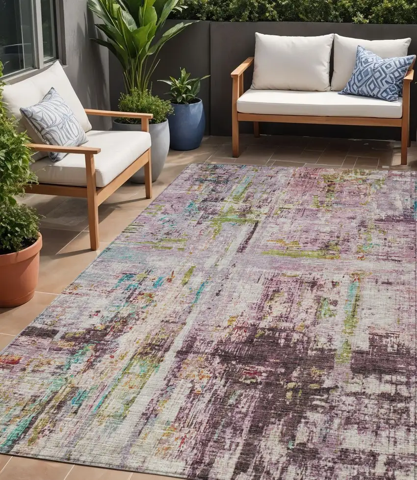 Lavender Green And Blue Abstract Washable Indoor Outdoor Area Rug Photo 1
