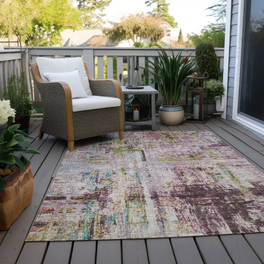 Lavender Green And Blue Abstract Washable Indoor Outdoor Area Rug Photo 9
