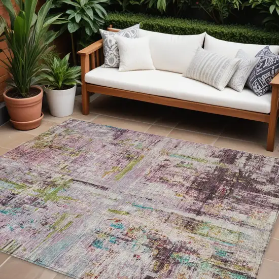 Lavender Green And Blue Abstract Washable Indoor Outdoor Area Rug Photo 1