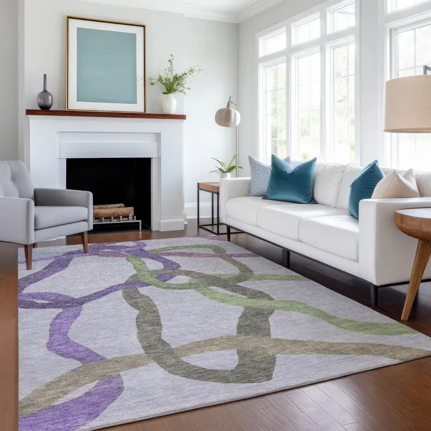 Lavender Green And Brown Abstract Washable Indoor Outdoor Area Rug Photo 6