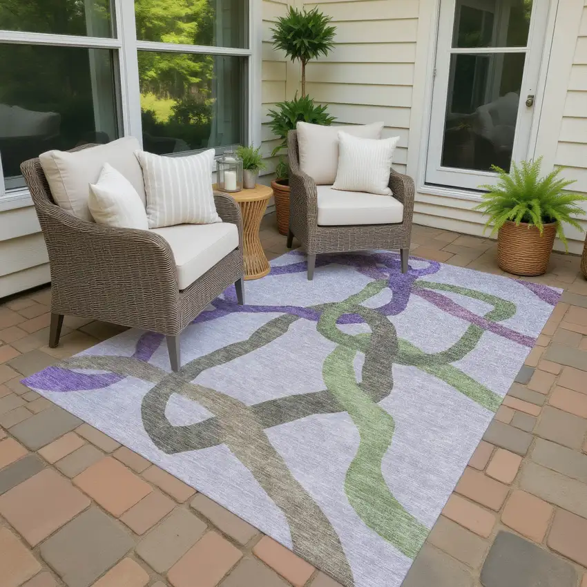 Lavender Green And Brown Abstract Washable Indoor Outdoor Area Rug Photo 3