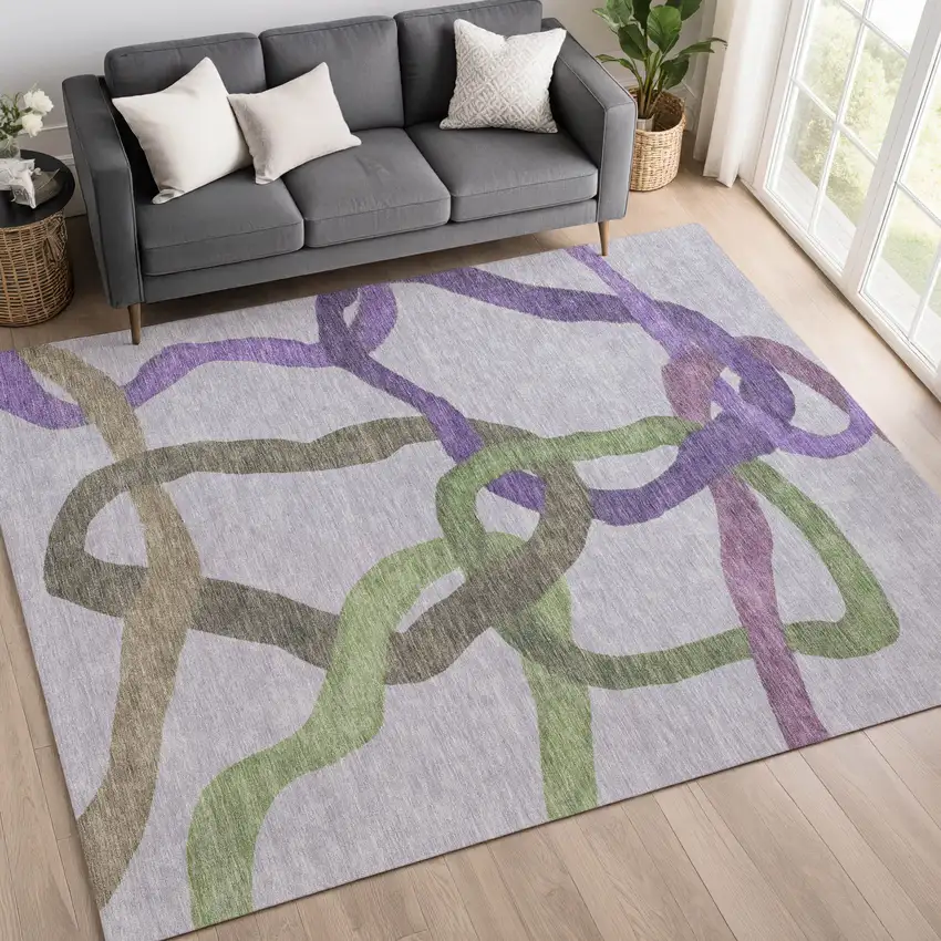 Lavender Green And Brown Abstract Washable Indoor Outdoor Area Rug Photo 5