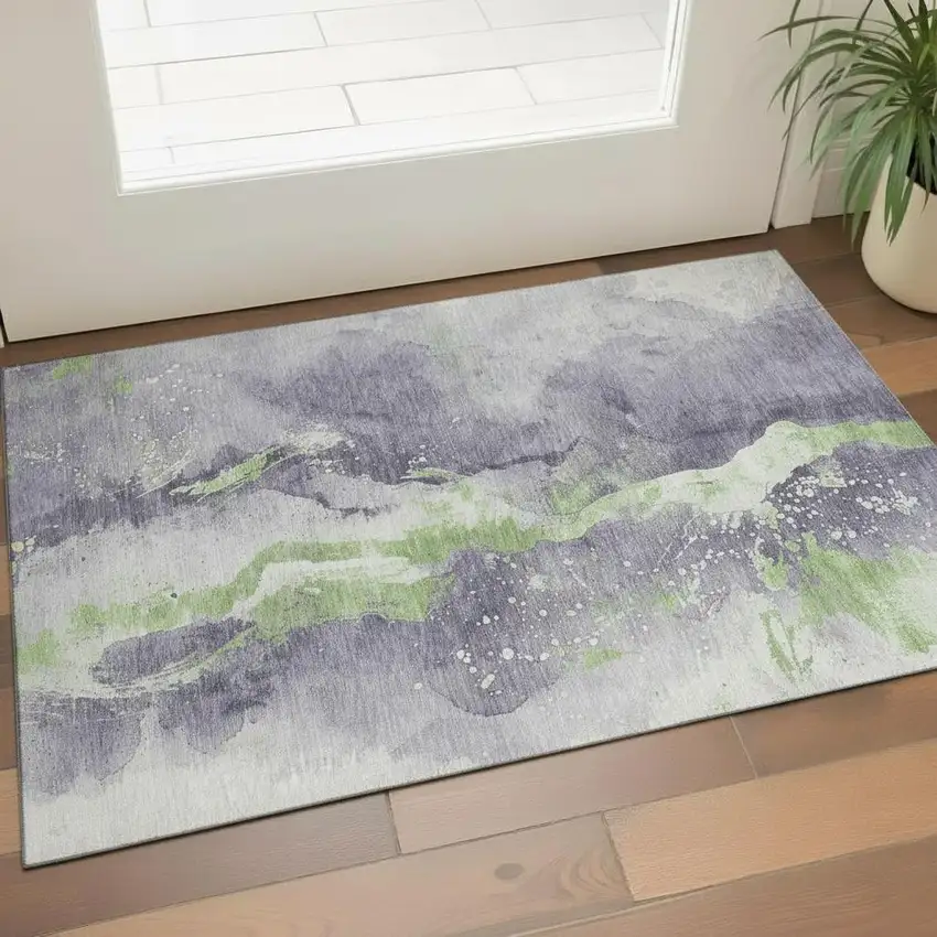 Lavender Green And Ivory Abstract Washable Area Rug With UV Protection Photo 2