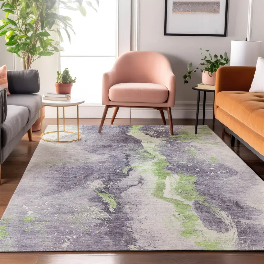 Lavender Green And Ivory Abstract Washable Area Rug With UV Protection Photo 5