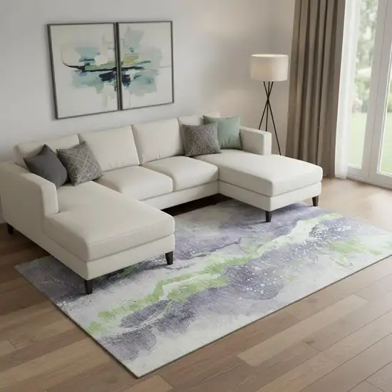 Lavender Green And Ivory Abstract Washable Area Rug With UV Protection Photo 2