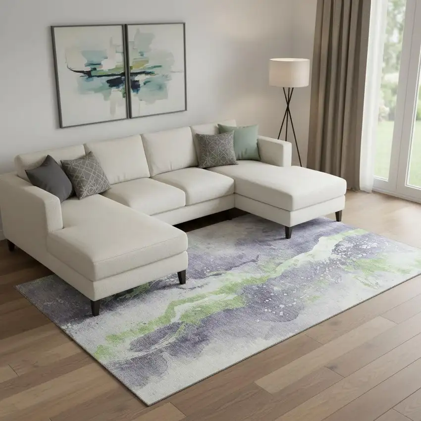 Lavender Green And Ivory Abstract Washable Area Rug With UV Protection Photo 2