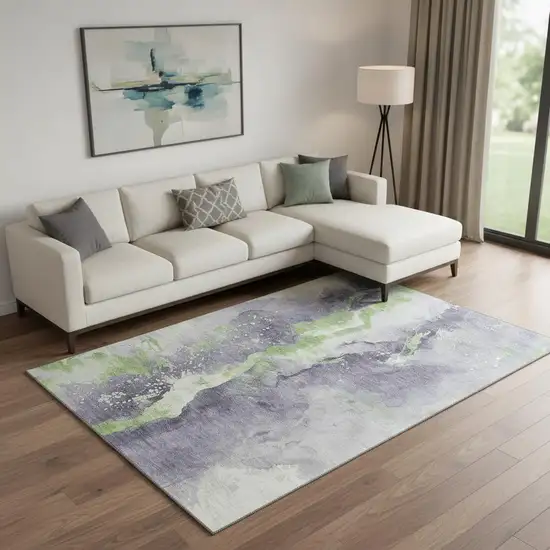 Lavender Green And Ivory Abstract Washable Area Rug With UV Protection Photo 2