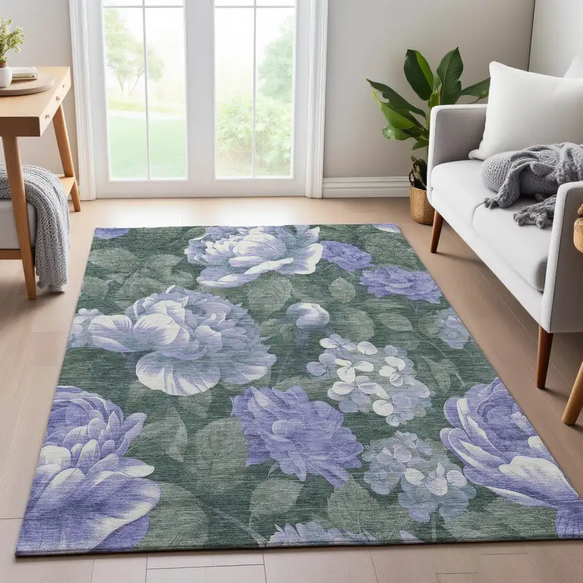 Lavender Green And Ivory Floral Washable Area Rug With UV Protection Photo 6