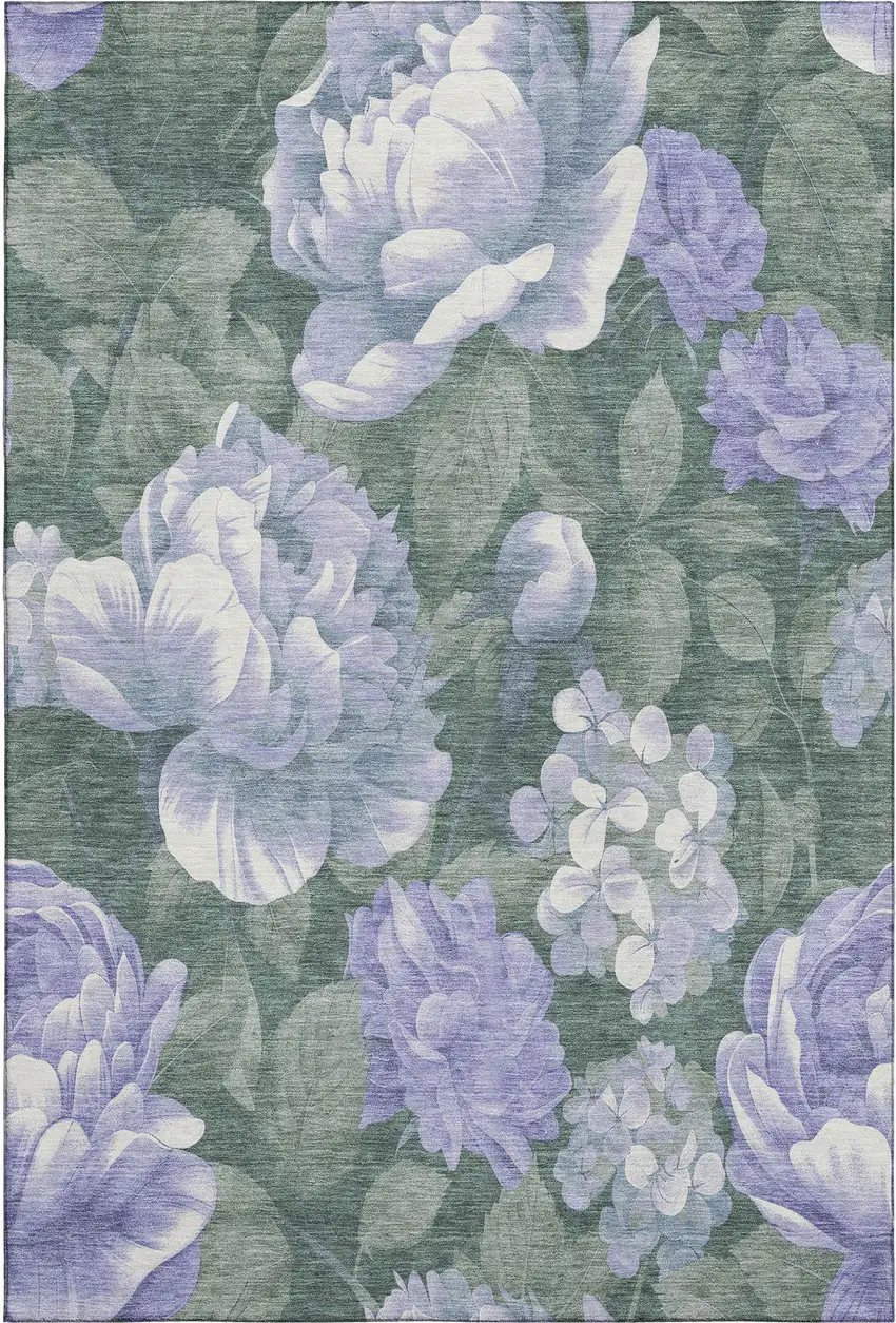 Lavender Green And Ivory Floral Washable Area Rug With UV Protection Photo 1