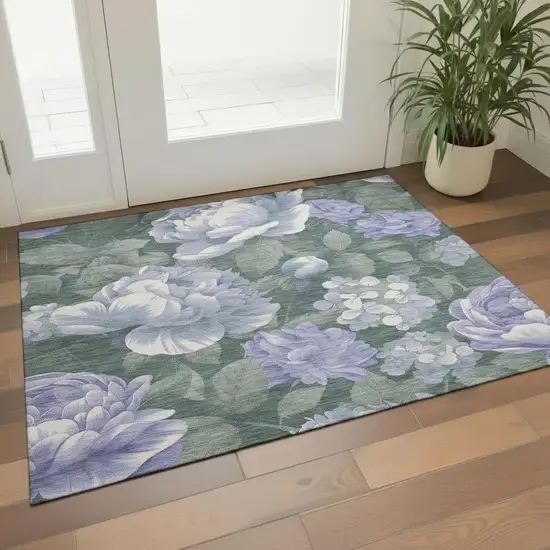 Lavender Green And Ivory Floral Washable Area Rug With UV Protection Photo 2