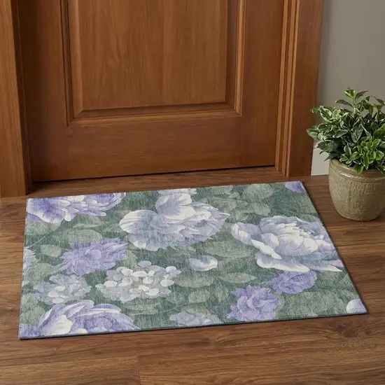 Lavender Green And Ivory Floral Washable Area Rug With UV Protection Photo 1