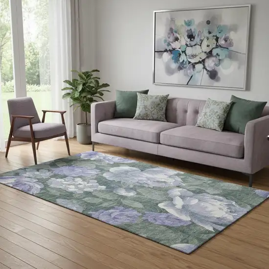 Lavender Green And Ivory Floral Washable Area Rug With UV Protection Photo 2