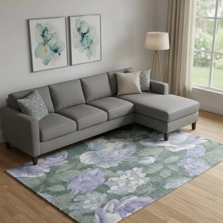 Lavender Green And Ivory Floral Washable Area Rug With UV Protection Photo 2