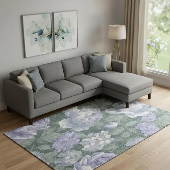 Lavender Green And Ivory Floral Washable Area Rug With UV Protection Photo 2
