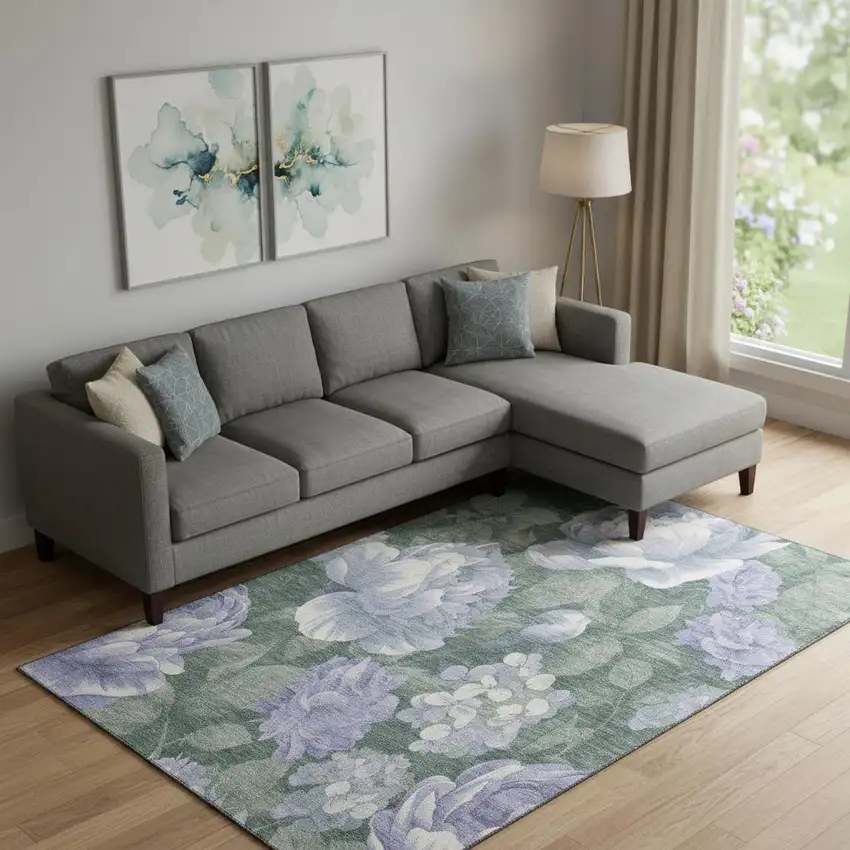 Lavender Green And Ivory Floral Washable Area Rug With UV Protection Photo 2