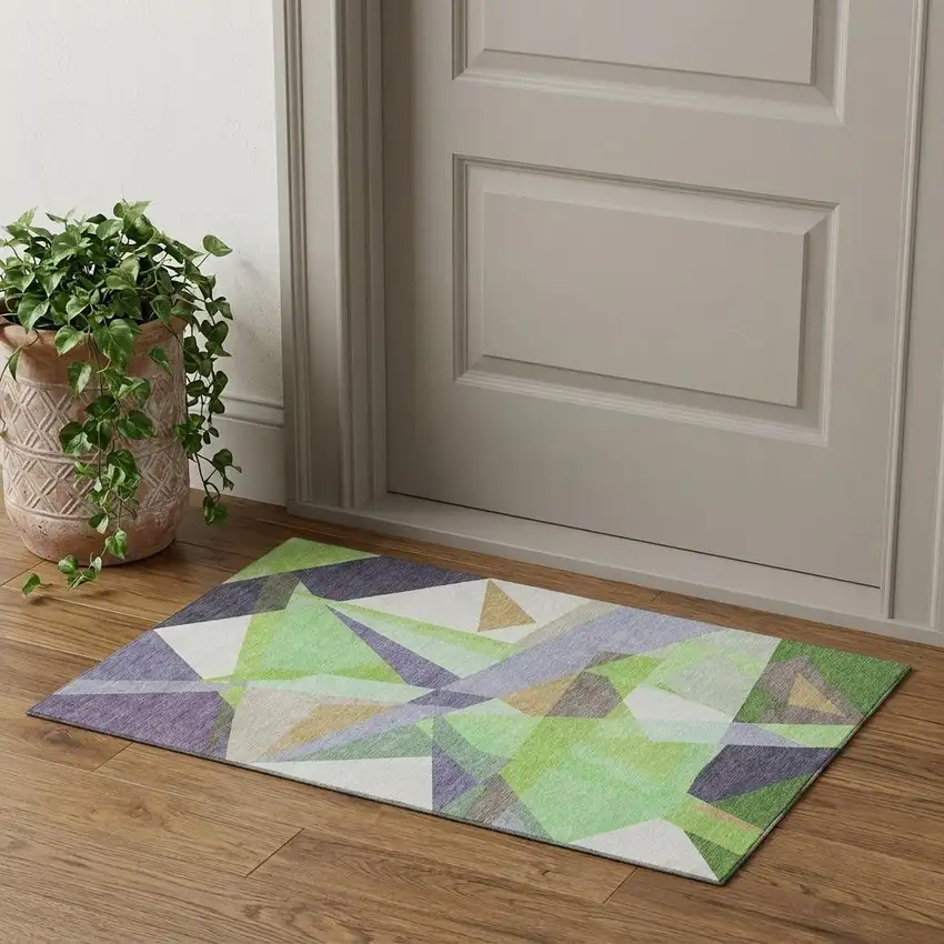 Lavender Green And Ivory Geometric Washable Area Rug With UV Protection Photo 1