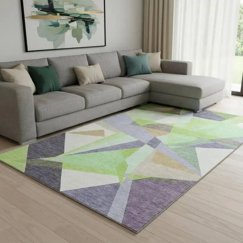 Lavender Green And Ivory Geometric Washable Area Rug With UV Protection Photo 2
