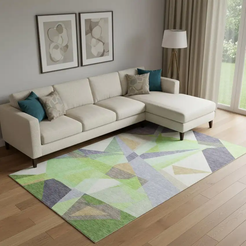 Lavender Green And Ivory Geometric Washable Area Rug With UV Protection Photo 2