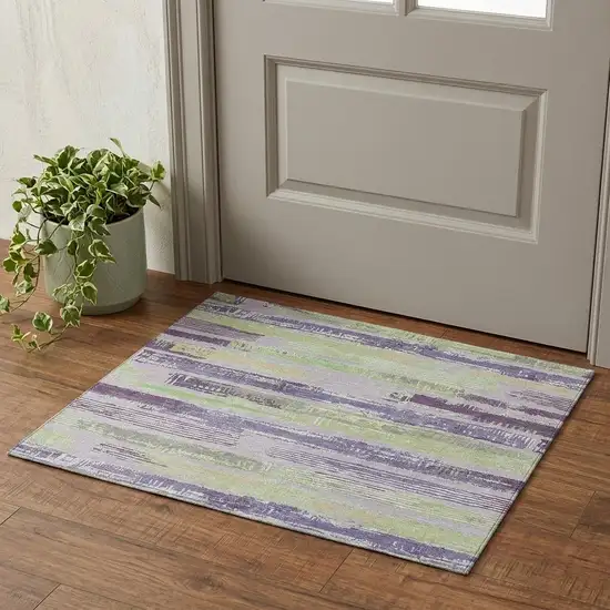 Lavender Green And Ivory Striped Washable Area Rug With UV Protection Photo 1