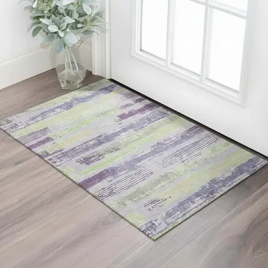 Lavender Green And Ivory Striped Washable Area Rug With UV Protection Photo 2