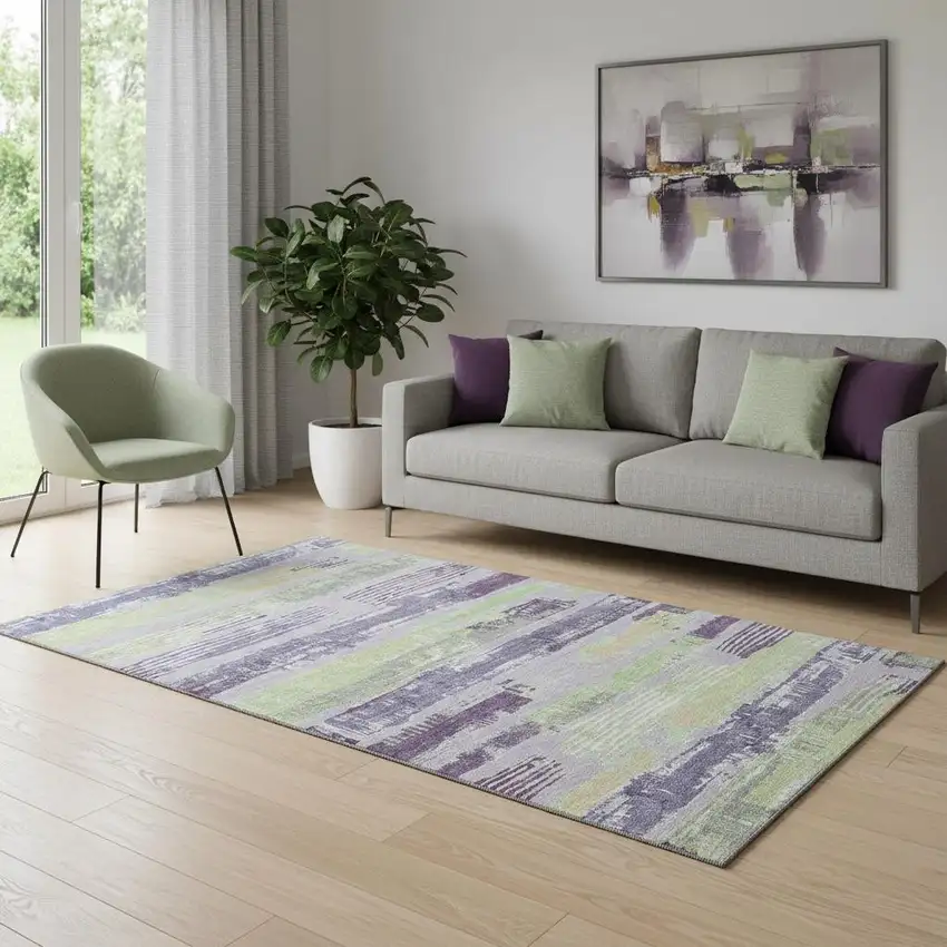Lavender Green And Ivory Striped Washable Area Rug With UV Protection Photo 2