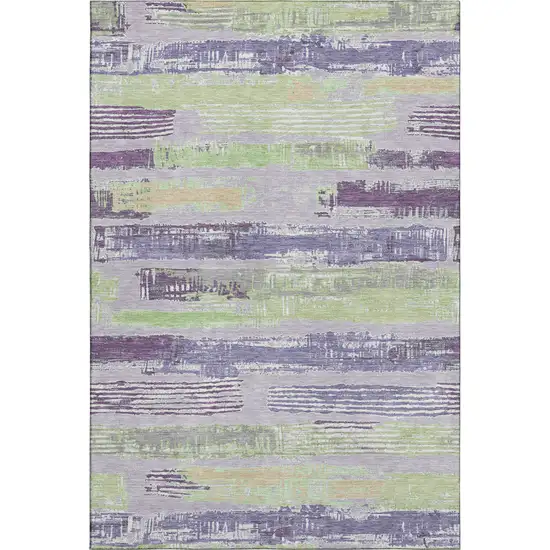 Lavender Green And Ivory Striped Washable Area Rug With UV Protection Photo 1