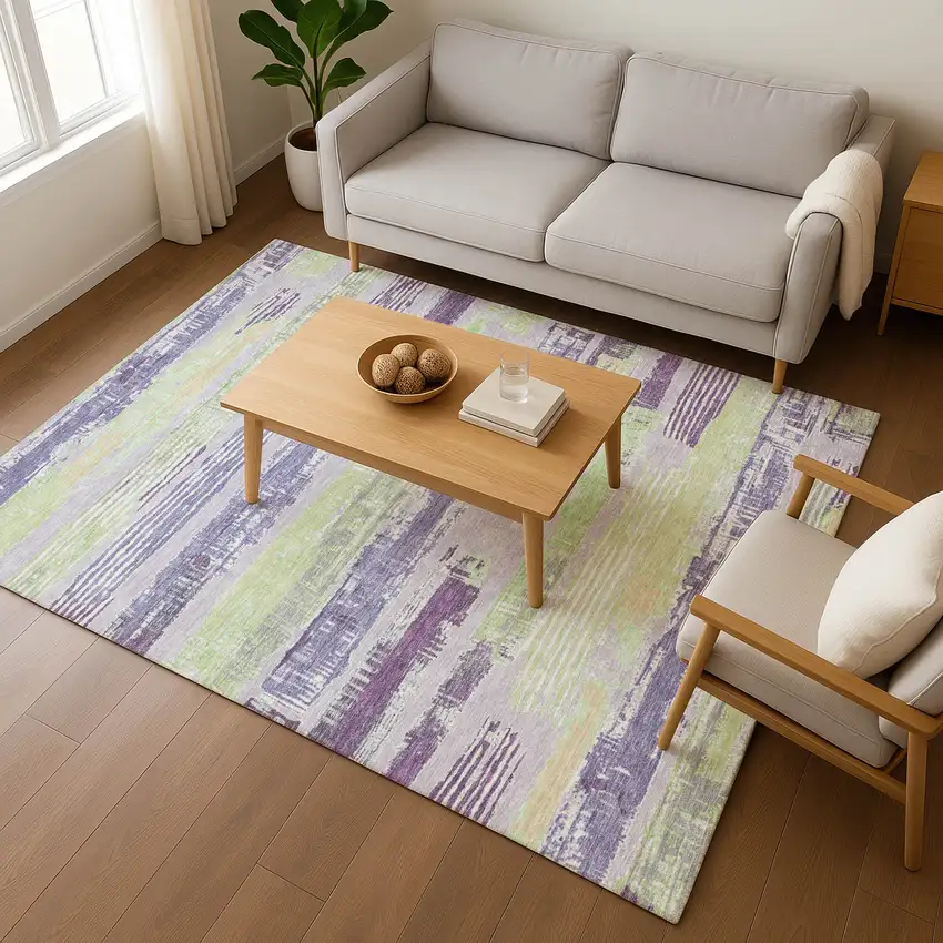 Lavender Green And Ivory Striped Washable Area Rug With UV Protection Photo 5