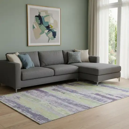 Lavender Green And Ivory Striped Washable Area Rug With UV Protection Photo 2