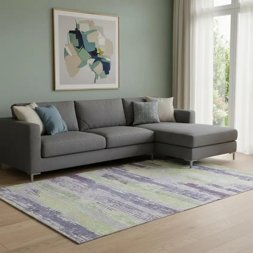 Lavender Green And Ivory Striped Washable Area Rug With UV Protection Photo 2