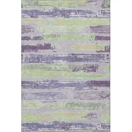 Lavender Green And Ivory Striped Washable Area Rug With UV Protection Photo 2