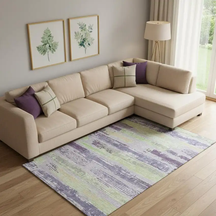 Lavender Green And Ivory Striped Washable Area Rug With UV Protection Photo 2