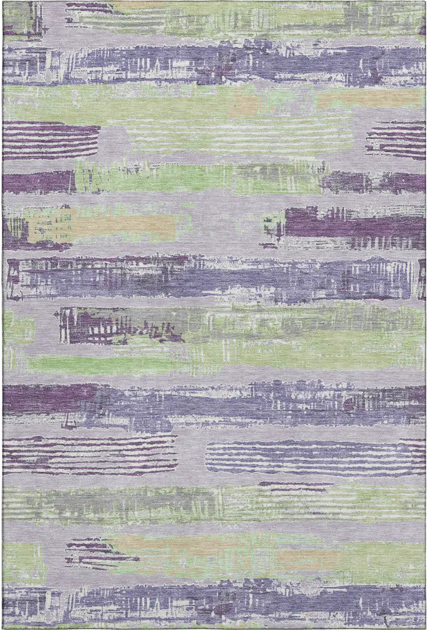 Lavender Green And Ivory Striped Washable Area Rug With UV Protection Photo 1