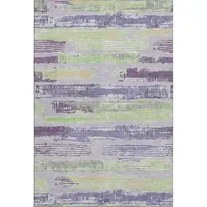 Photo of Lavender Green And Ivory Striped Washable Area Rug With UV Protection