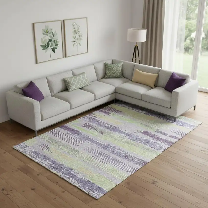 Lavender Green And Ivory Striped Washable Area Rug With UV Protection Photo 2