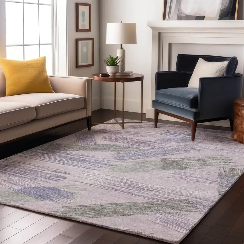Lavender Green And Ivory Striped Washable Area Rug With UV Protection Photo 3