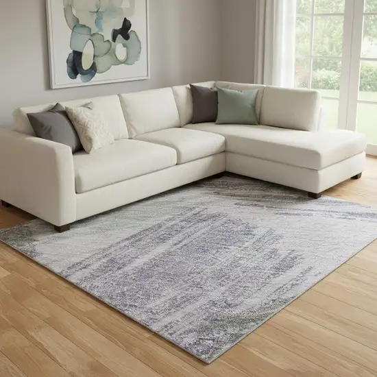 Lavender Green And Ivory Striped Washable Area Rug With UV Protection Photo 2