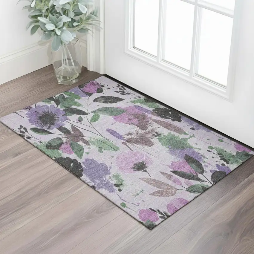 Lavender Green And Mauve Floral Washable Area Rug With UV Protection Photo 2