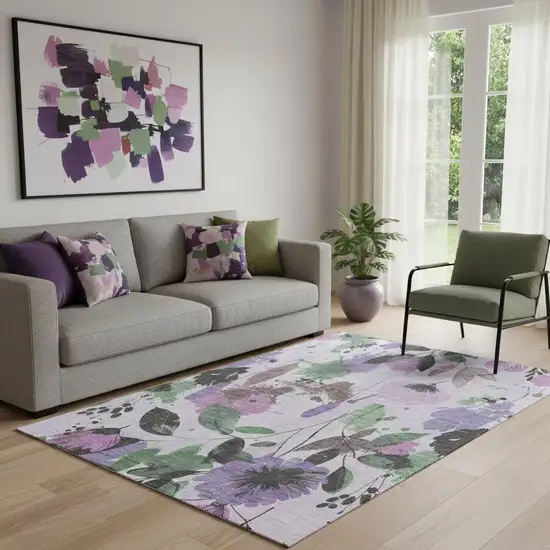 Lavender Green And Mauve Floral Washable Area Rug With UV Protection Photo 2