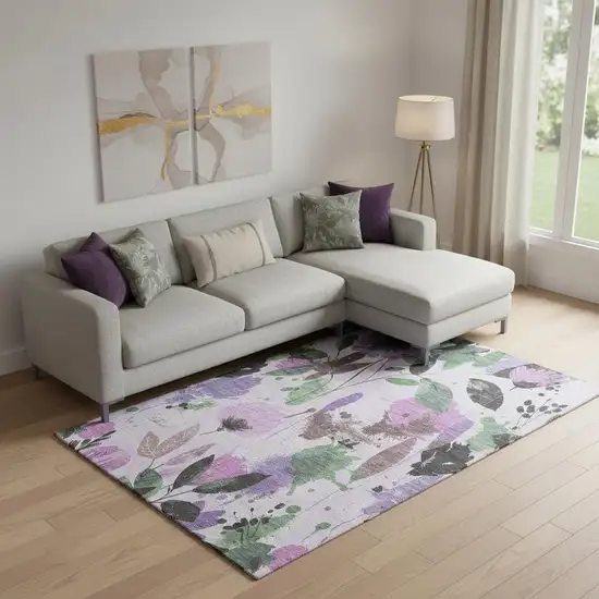Lavender Green And Mauve Floral Washable Area Rug With UV Protection Photo 2