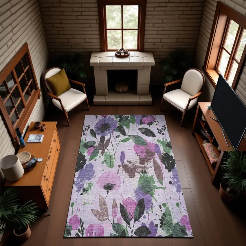 Lavender Green And Mauve Floral Washable Area Rug With UV Protection Photo 4