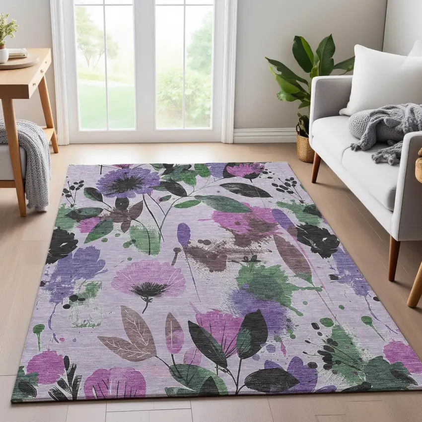 Lavender Green And Mauve Floral Washable Area Rug With UV Protection Photo 5