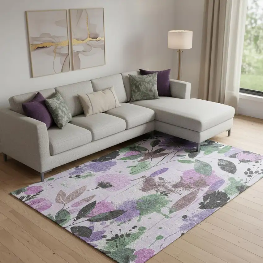 Lavender Green And Mauve Floral Washable Area Rug With UV Protection Photo 2
