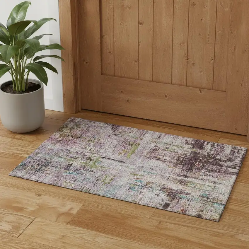 Lavender Green And Teal Abstract Washable Area Rug With UV Protection Photo 1