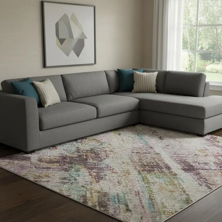 Lavender Green And Teal Abstract Washable Area Rug With UV Protection Photo 2