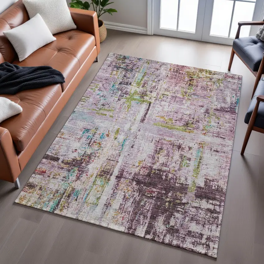 Lavender Green And Teal Abstract Washable Area Rug With UV Protection Photo 3