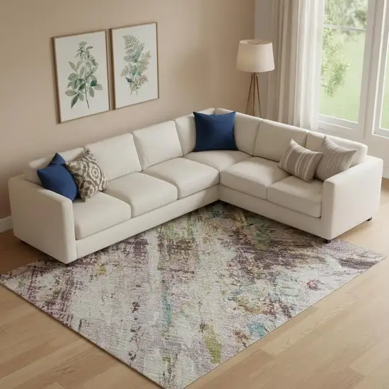 Lavender Green And Teal Abstract Washable Area Rug With UV Protection Photo 2